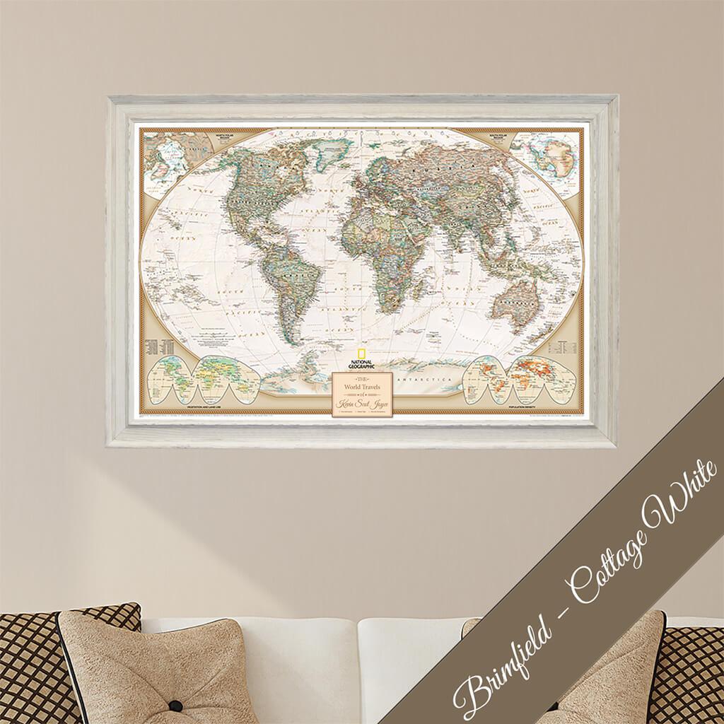Canvas Executive World Travel Map in Premium  Brimfield White Frame