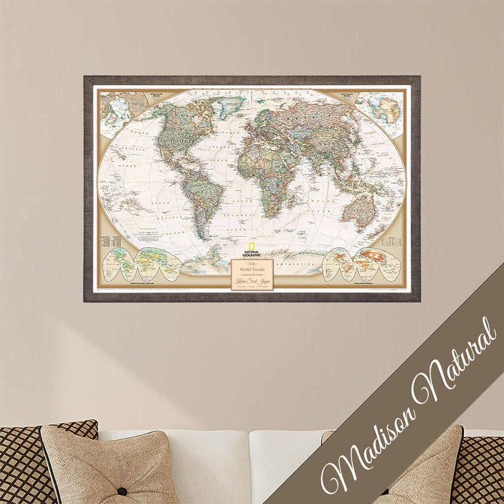 Canvas Executive World Travel Map in Premium Madison Natural Brown  Frame