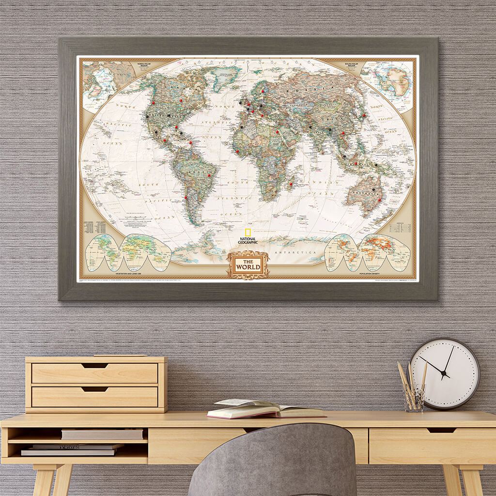 Executive World Push Pin Travel Map in Barnwood Gray Frame