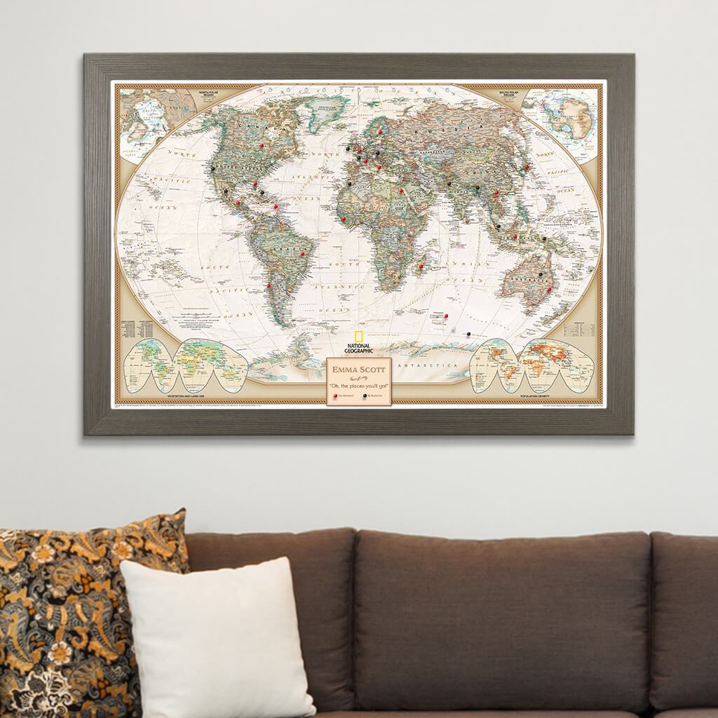 Executive World Map on Canvas in Barnwood Gray Frame