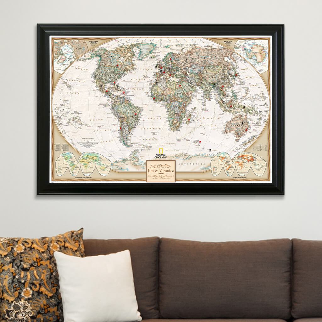 Executive World Map on Canvas in Black Frame