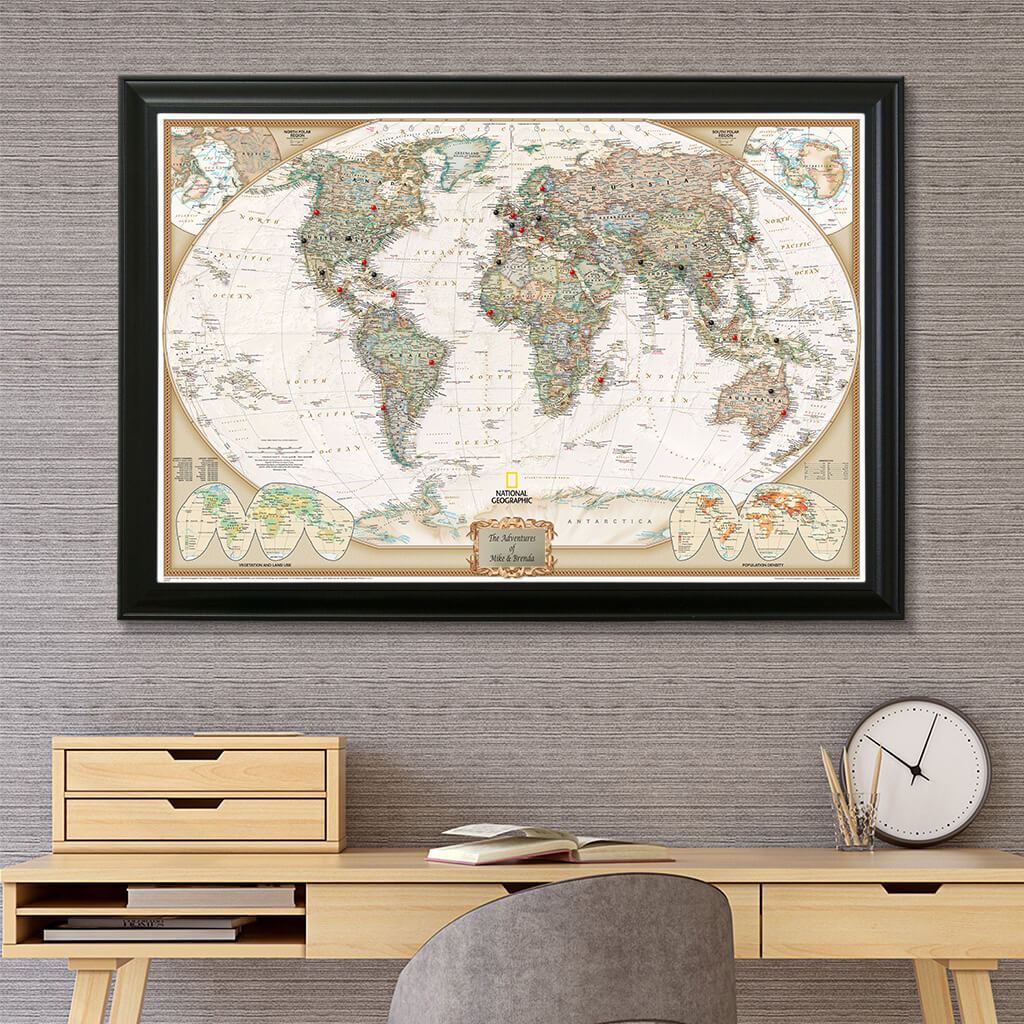 Executive World Push Pin Travel Map in Black Frame - Best Seller