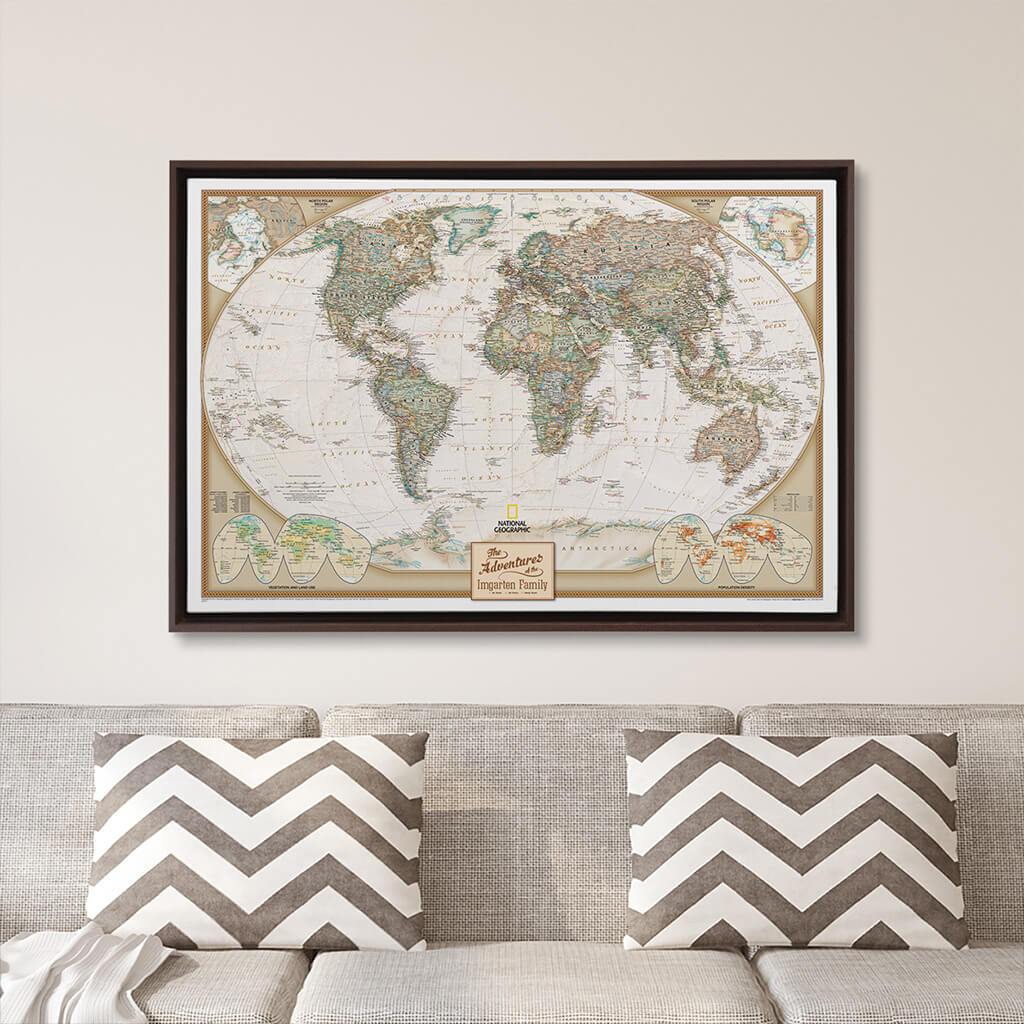 Brown Float Frame - 24x36 Gallery Wrapped Executive World Push Pin Travel Map