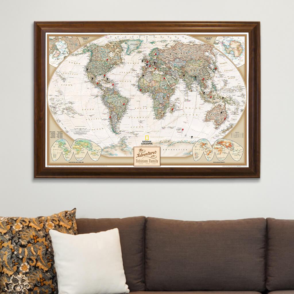 Executive World Map on Canvas in Brown Frame
