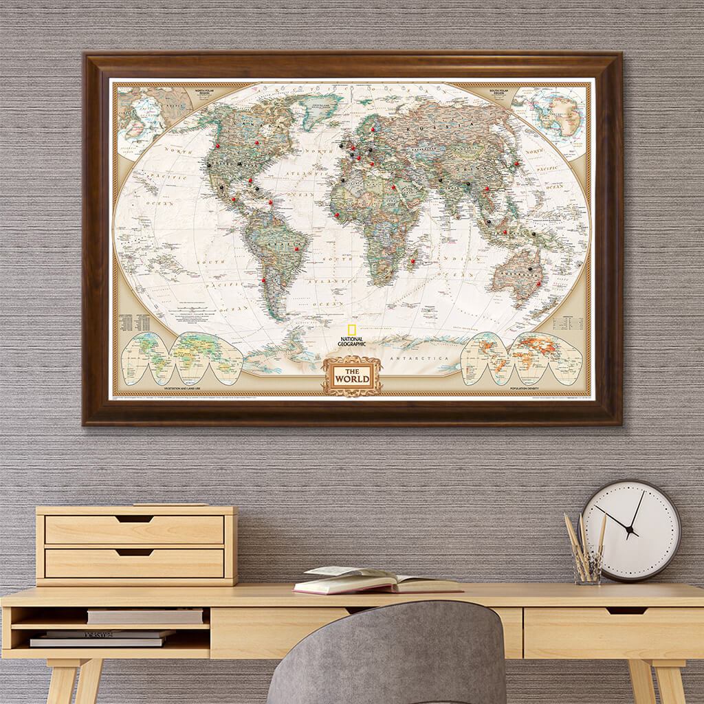 Executive World Push Pin Travel Map in Brown Frame