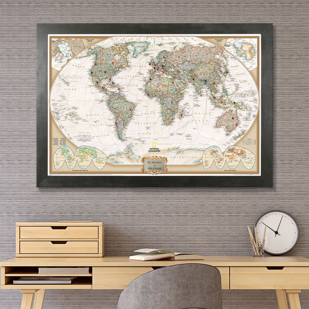 Executive World Push Pin Travel Map in Rustic Black Frame