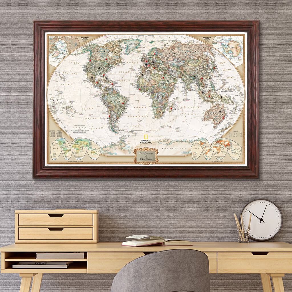 Executive World Push Pin Travel Map in Solid Wood Cherry Frame