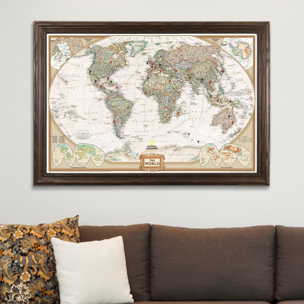 Executive World Map on Canvas in Solid Wood Brown Frame