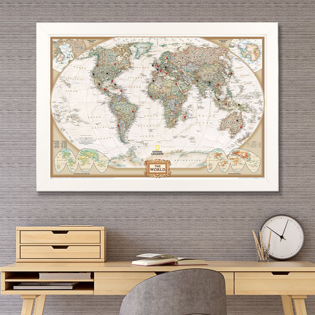 Executive World Push Pin Travel Map in Textured White Frame