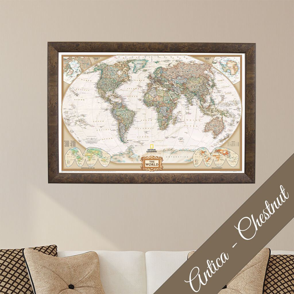Canvas Executive World Travel Map in Premium Antica Chestnut Frame