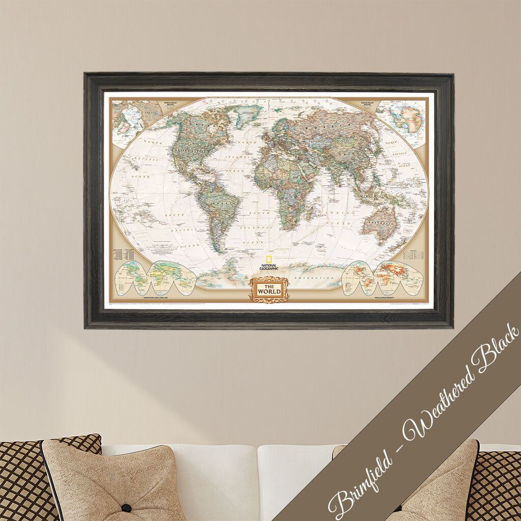 Canvas Executive World Travel Map in Premium Brimfield Black Frame