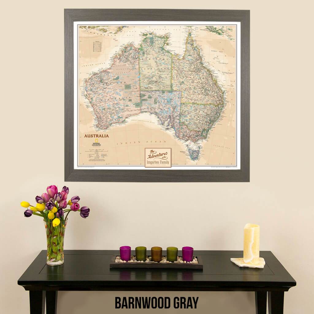 Canvas Executive Australia National Geographic Wall Map for pinning in barnwood gray frame