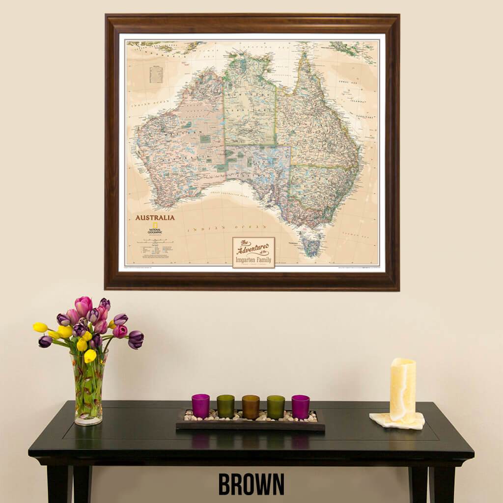 Canvas Nat Geo Executive Australia Push Pin Travelers Map with map pins in Brown Frame