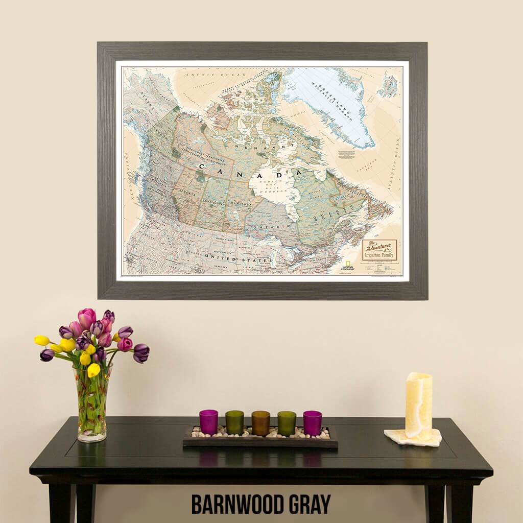 Canvas Executive Canada National Geographic Push Pin Travelers Map with pin tacks barnwood gray frame