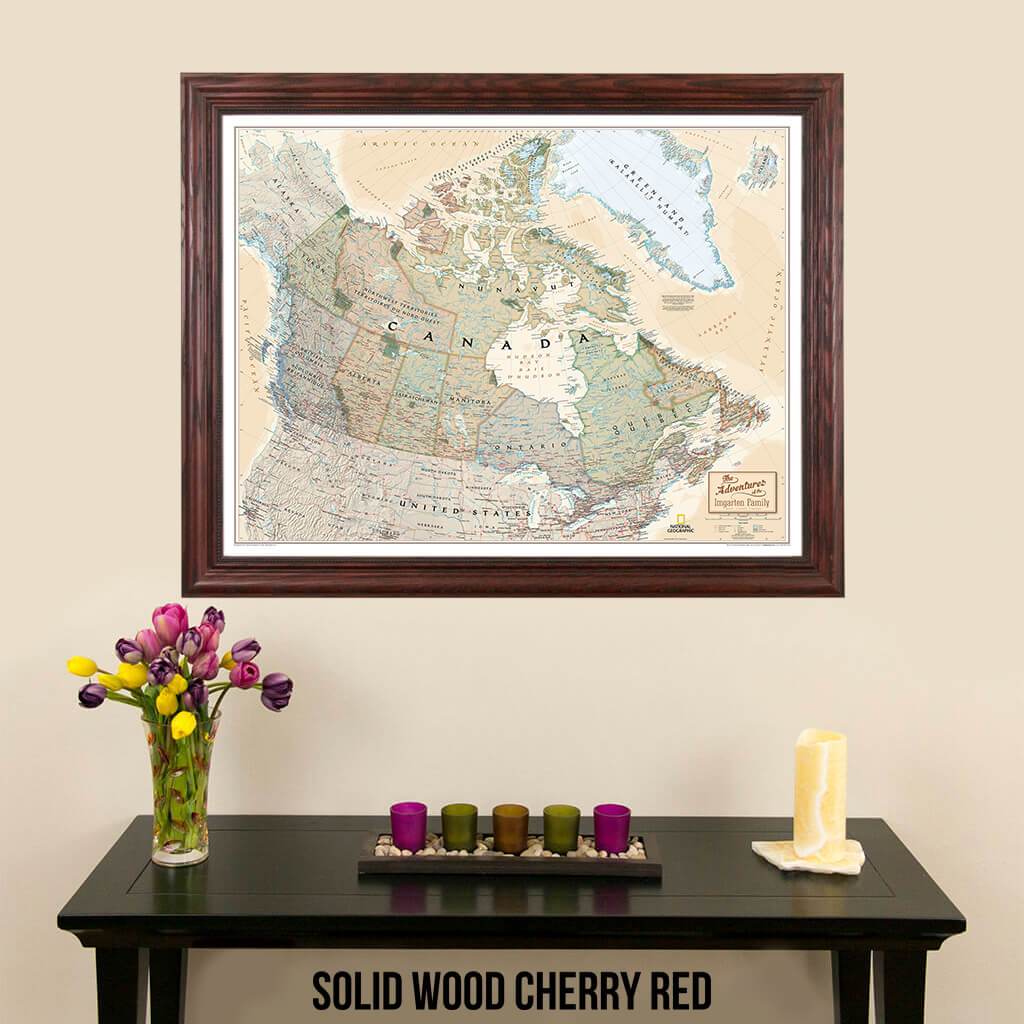 Canvas Executive Canada Push Pin Travel Map with map markers in solid wood cherry frame