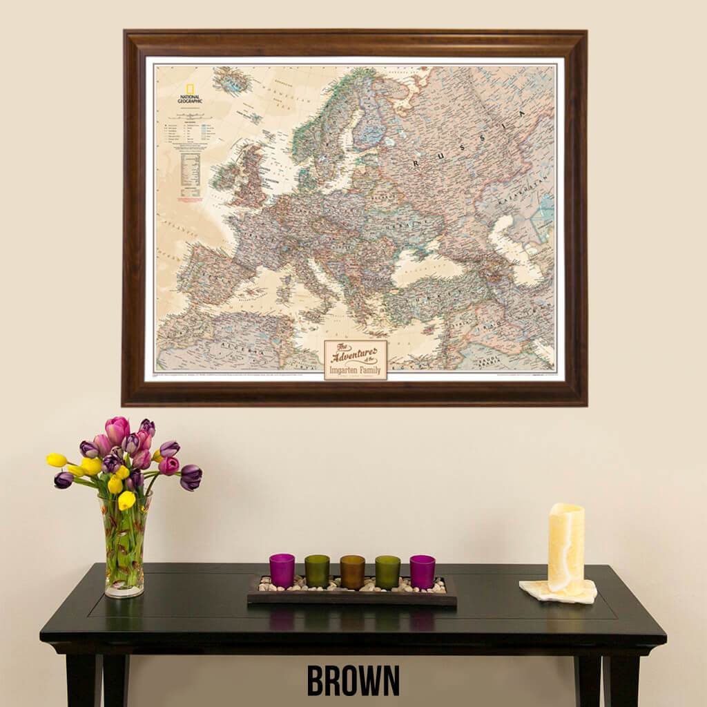 Canvas Executive Europe pin board travel map with pins in brown frame