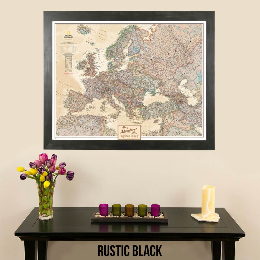 Canvas Nat Geo Executive Europe pinnable travel map with map pins rustic black frame