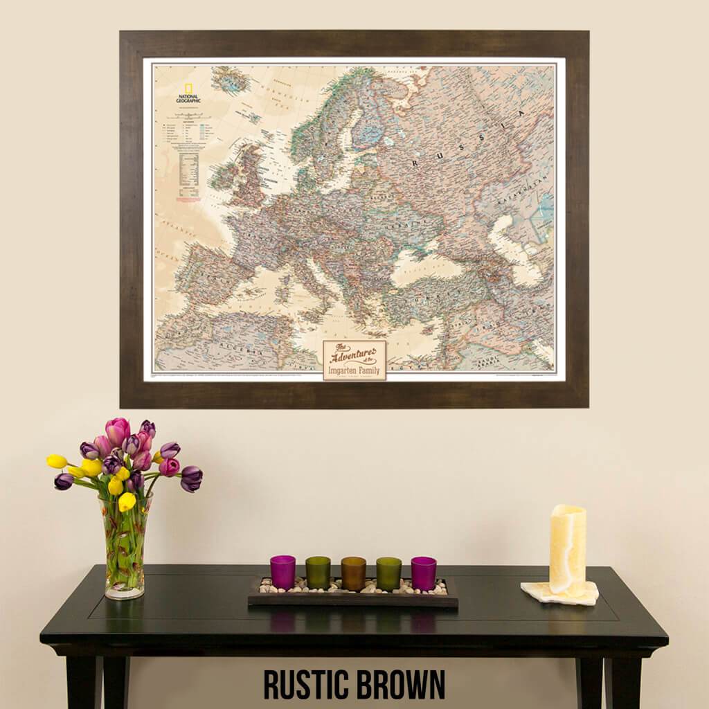 Canvas Executive Europe Push Pin Travel Map rustic brown frame