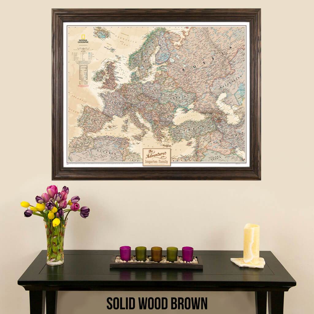 Canvas Executive Europe Push Pin Travelers Map with map tacks solid wood brown frame