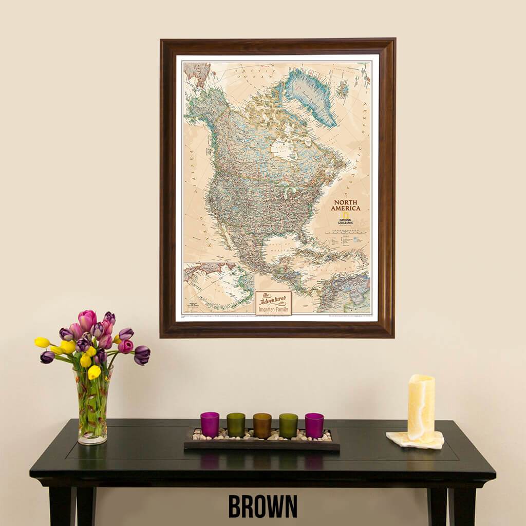 Canvas Executive North America Push Pin Travel Map Brown Frame