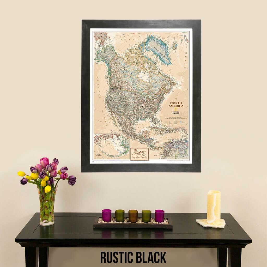 Canvas Executive North America Push Pin Travel Map Rustic Black Frame