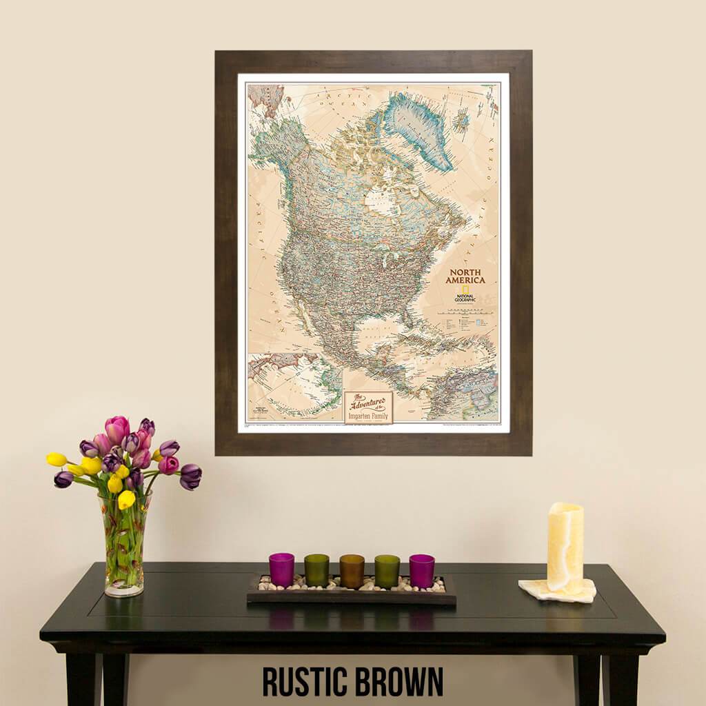 Canvas Executive North America Push Pin Travel Map Rustic Brown Frame