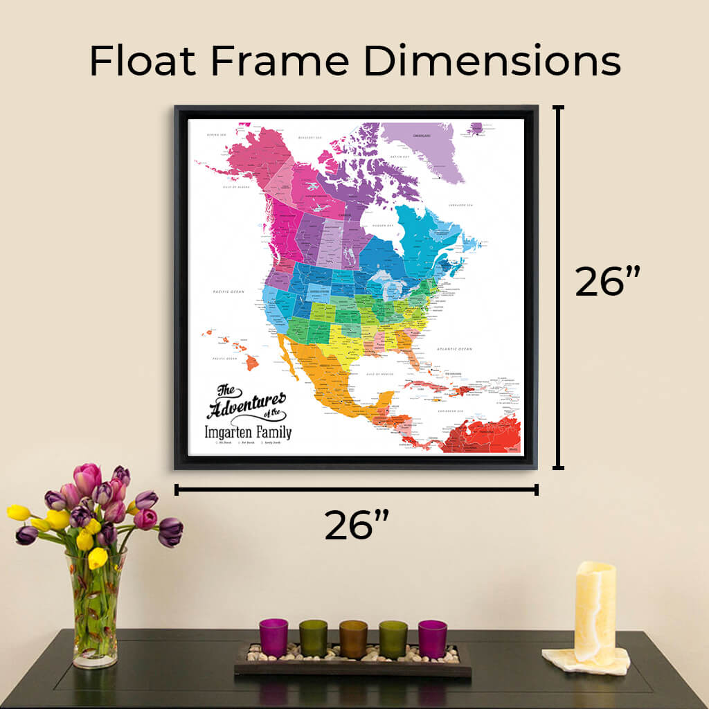 Finished Outer Dimensions of Optional Float Frame on 24&quot;x24&quot; Gallery Wrapped Canvas Map