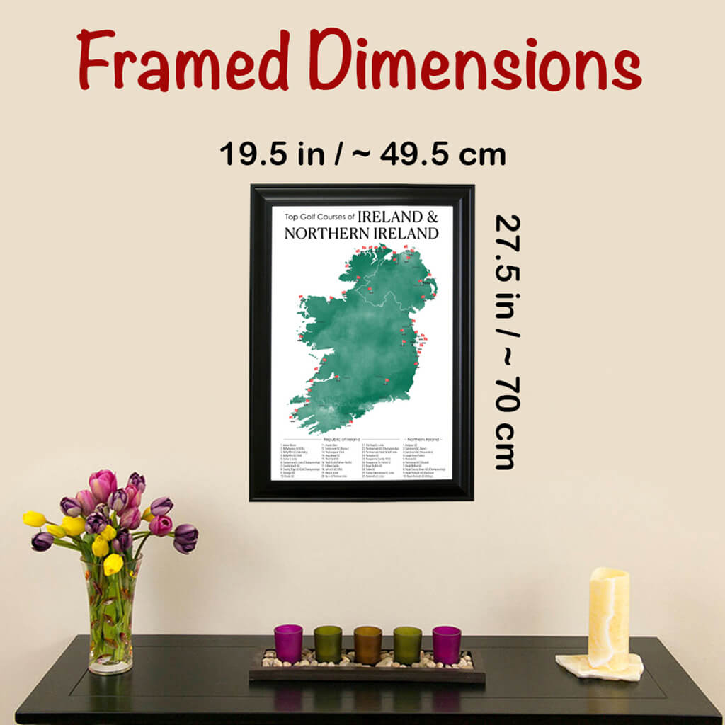 Framed Dimensions of Ireland and Northern Ireland Push Pin Travel Map of Golf Courses