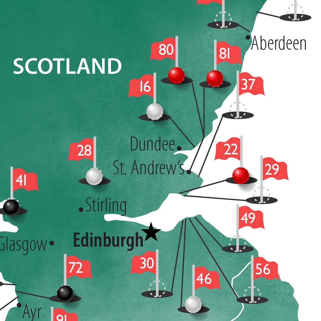 Closeup of Scotland on the Top Golf Courses of The UK and Ireland Framed Travel Map
