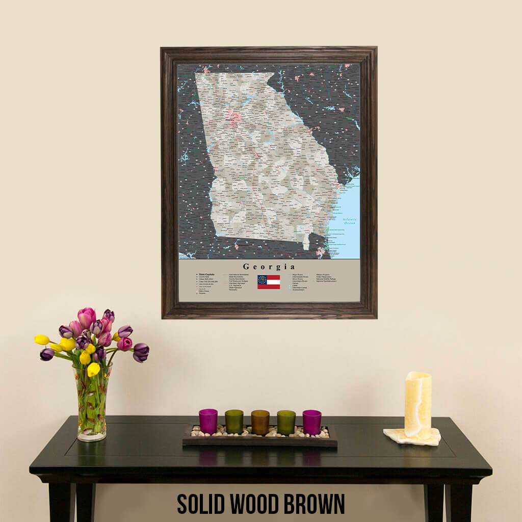 Earth Toned Georgia State Travel Map Solid Wood Brown Frame