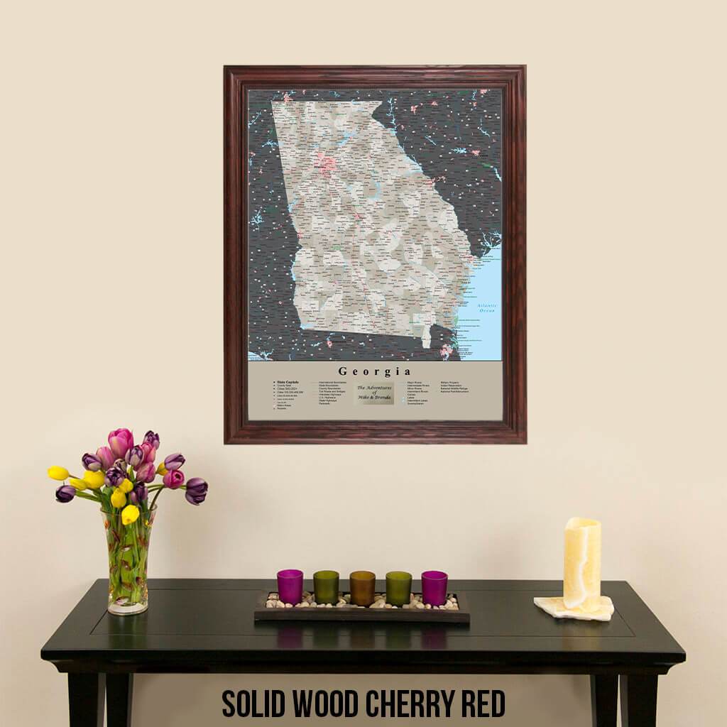 Earth Toned Georgia State Travel Map Solid Wood Cherry Frame