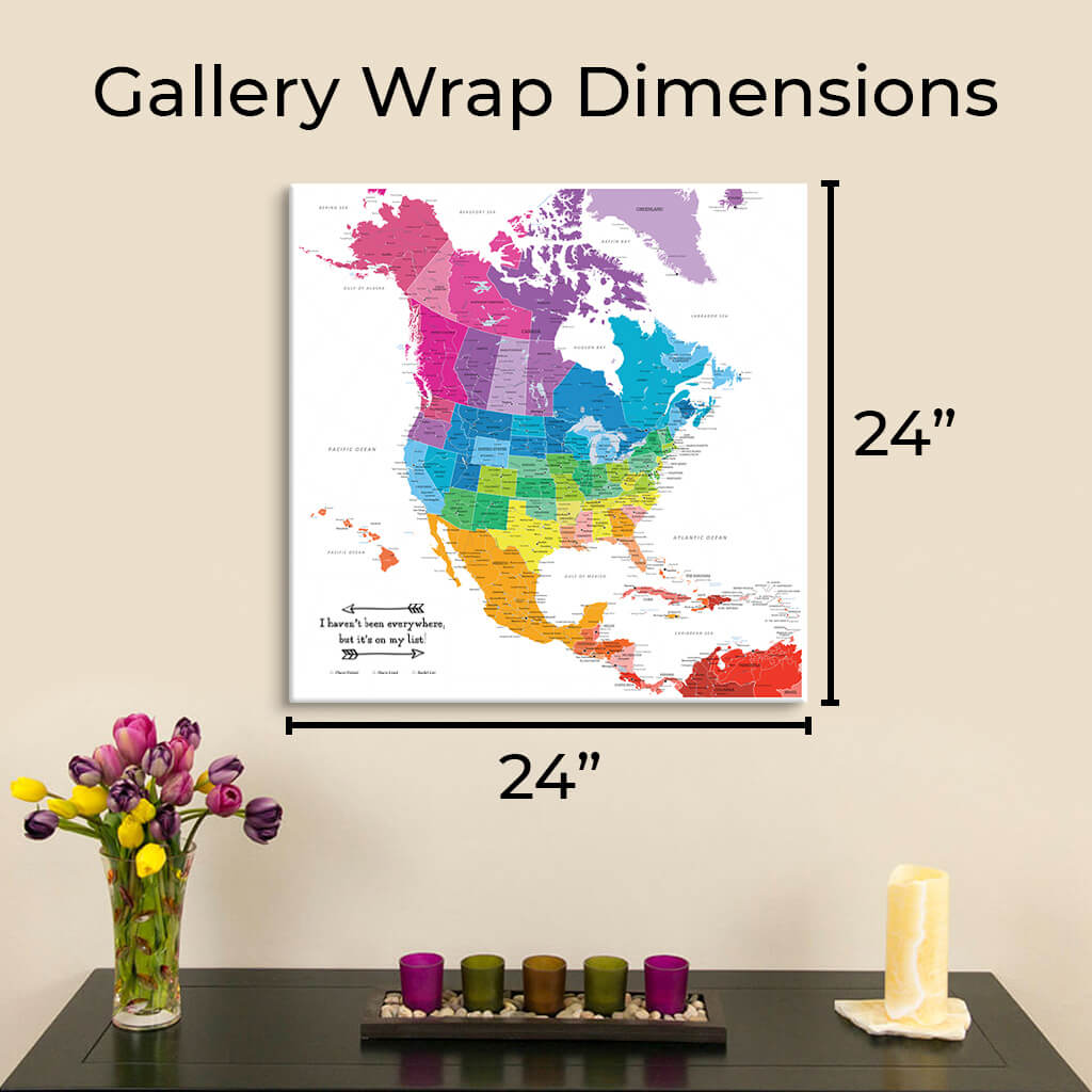 Finished outer dimensions of 24" X 24" Gallery Wrapped Canvas Map