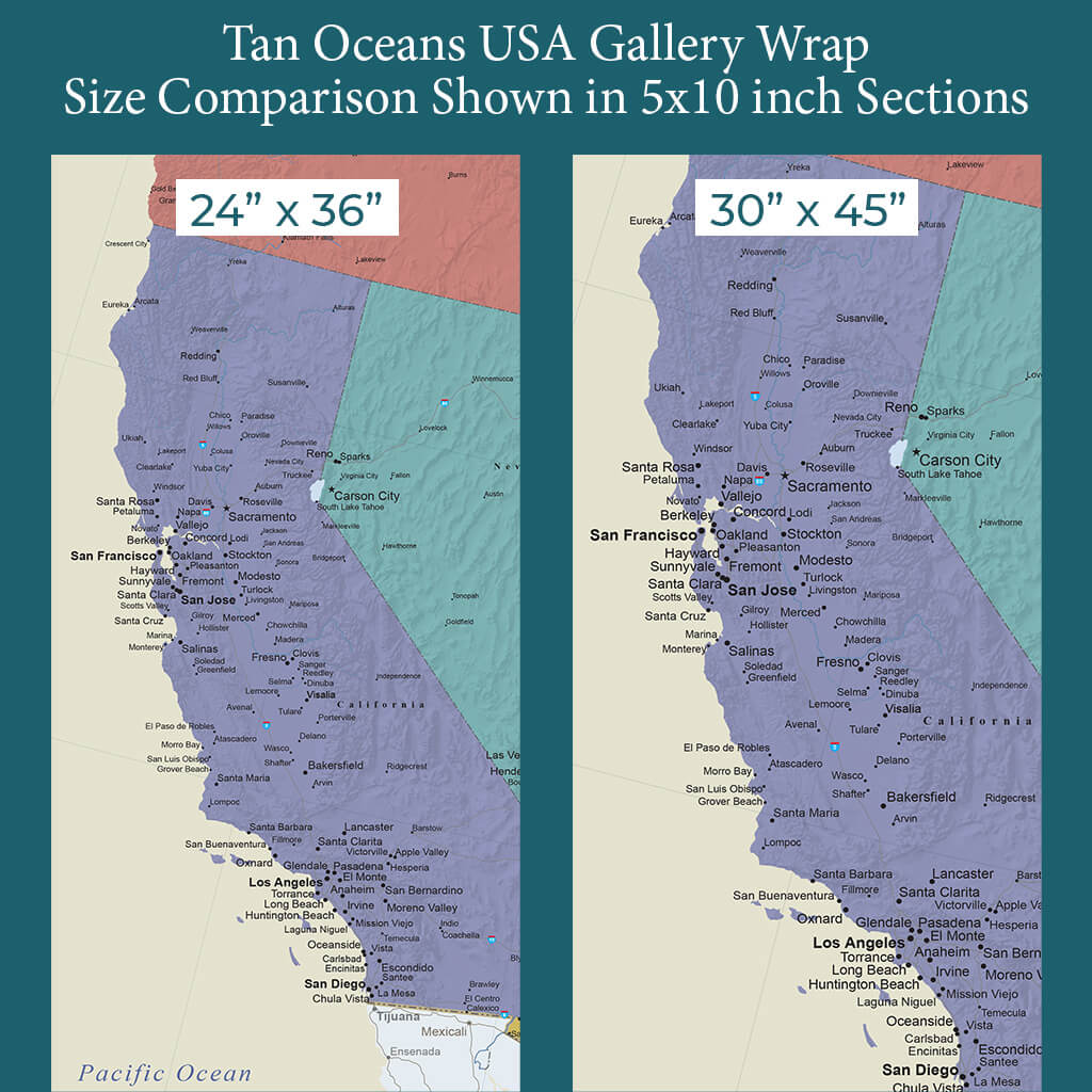 Font Size Comparison Between Standard 24x36 and Large 30x45 Size Gallery Wrapped Maps