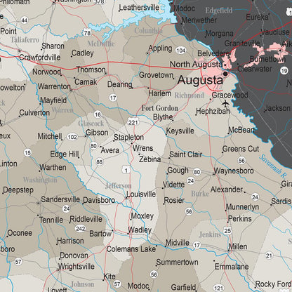 Earth Toned Georgia State Travel Map closeup