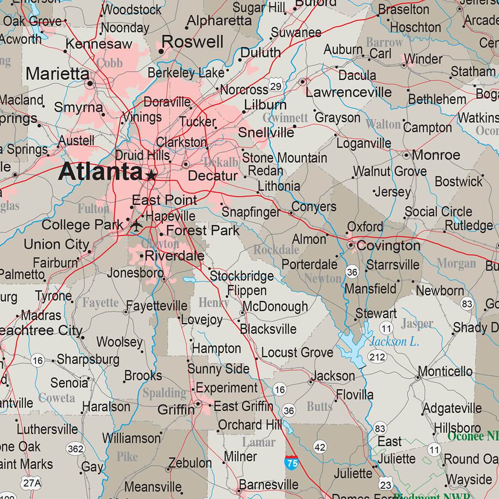 Earth Toned Georgia State Travel Map closeup