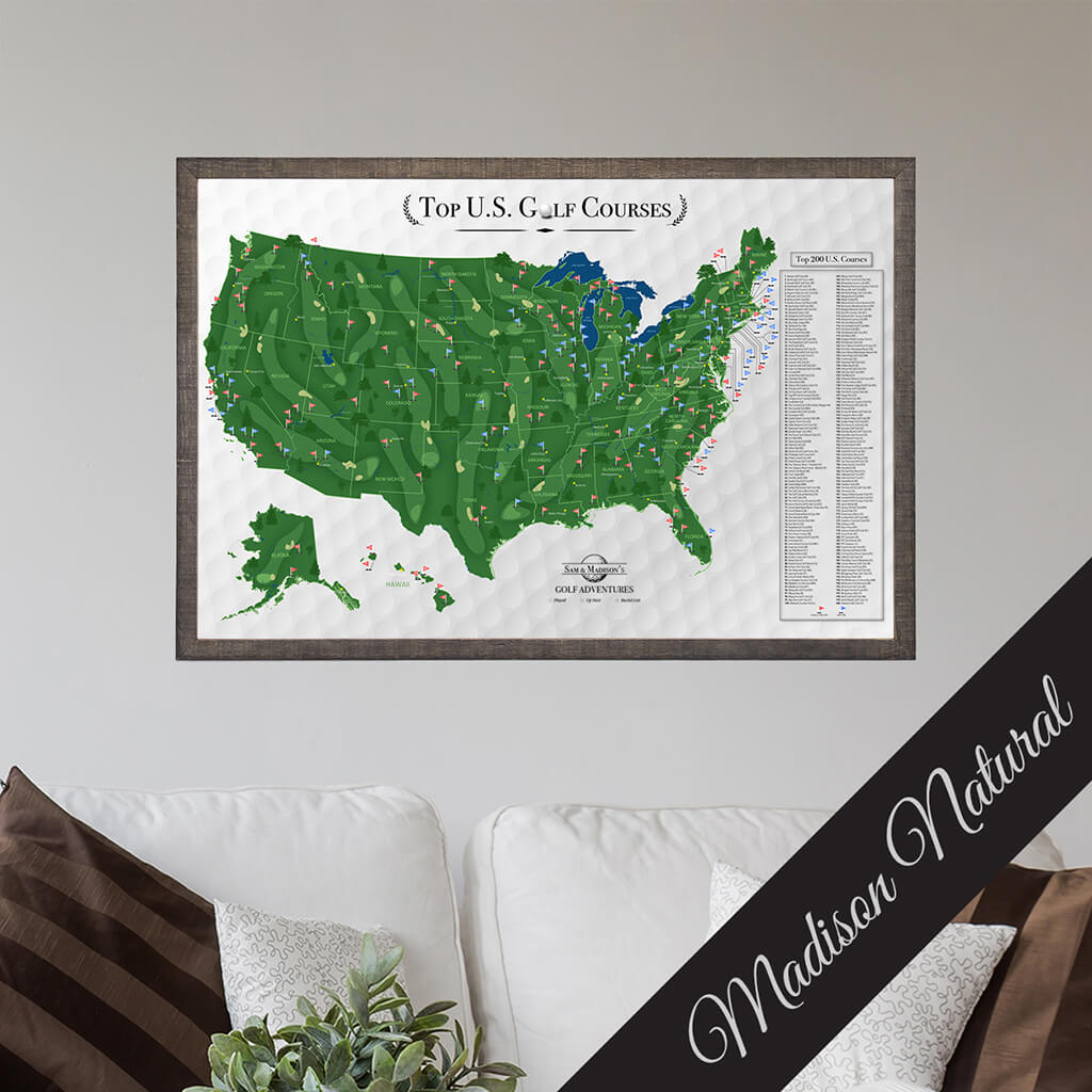 Canvas Golf Push Pin Travel Map in Premium Madison Natural Brown Frame