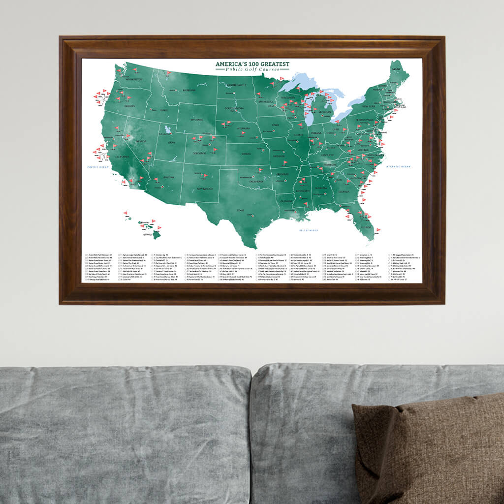 America&#39;s Top 100 Public Golf Courses Wall Map in Brown Frame