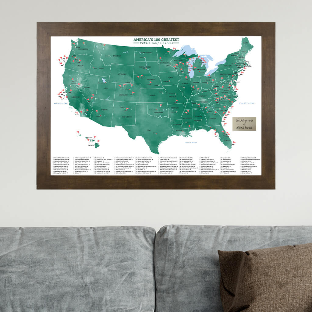 America&#39;s 100 Greatest Public Golf Courses Travel Map in Rustic Brown Frame