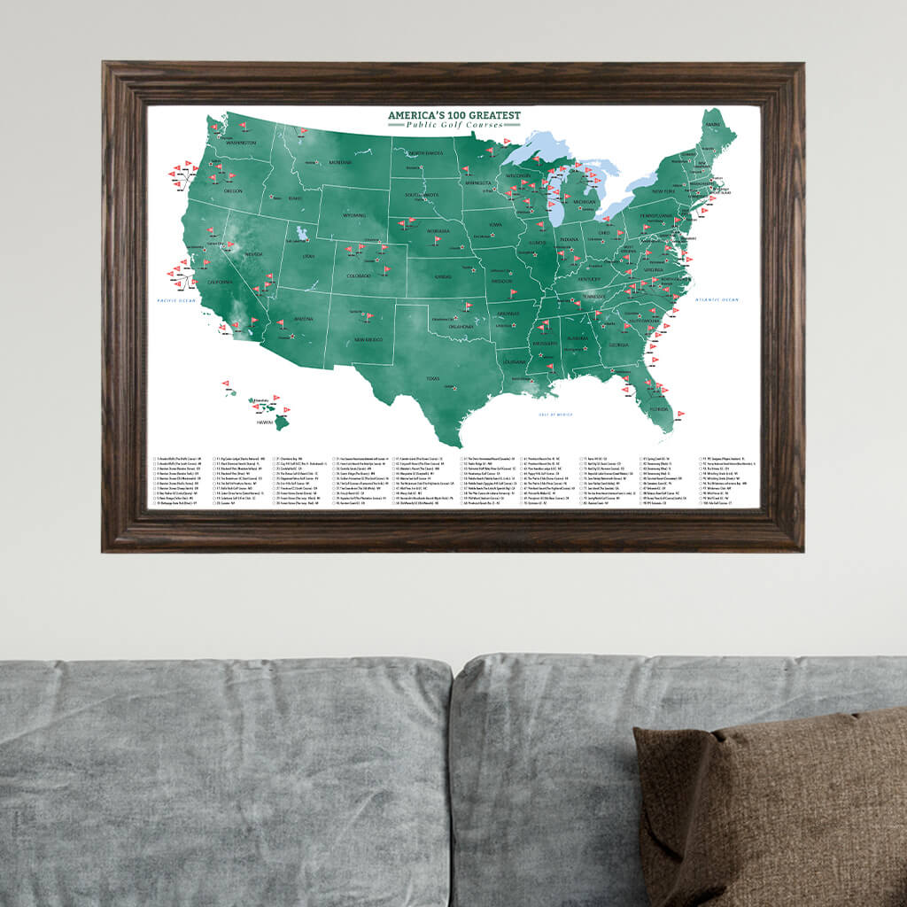 America&#39;s 100 Greatest Public Golf Courses Travel Map in Solid Wood Brown Frame