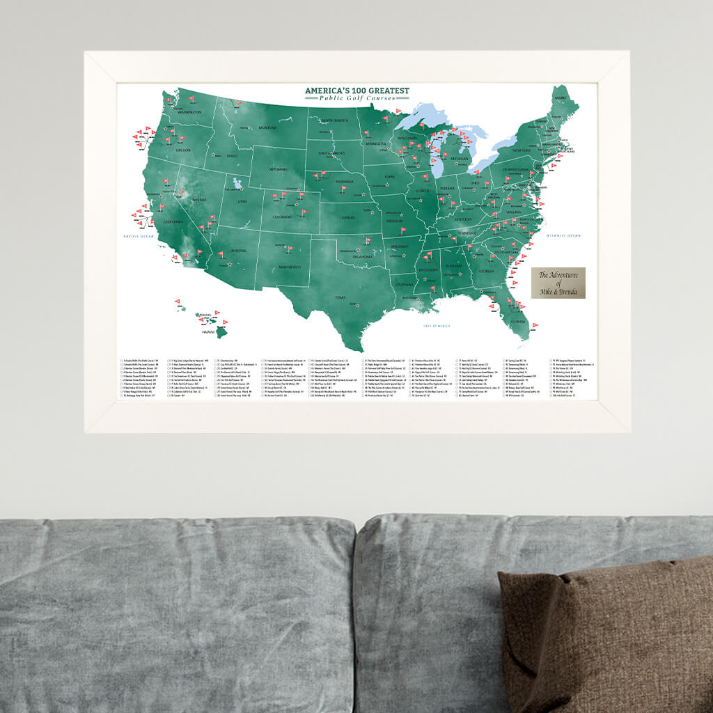 America's 100 Greatest Public Golf Courses Travel Map in Textured White Frame