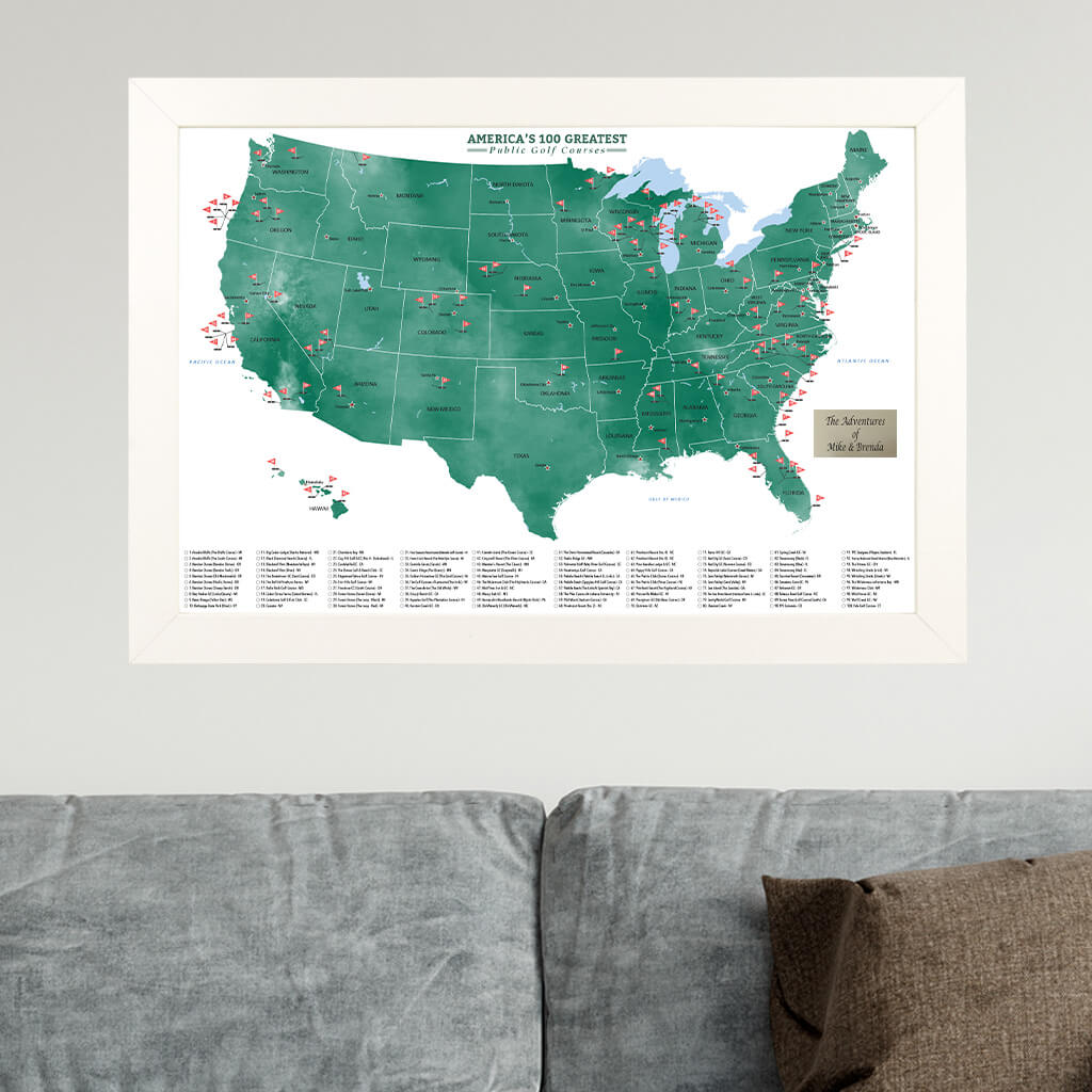 America&#39;s 100 Greatest Public Golf Courses Travel Map in Textured White Frame