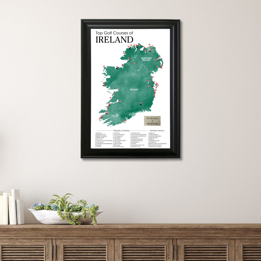Top Golf Courses of Ireland and Northern Ireland Push Pin Wall Map in Black Frame