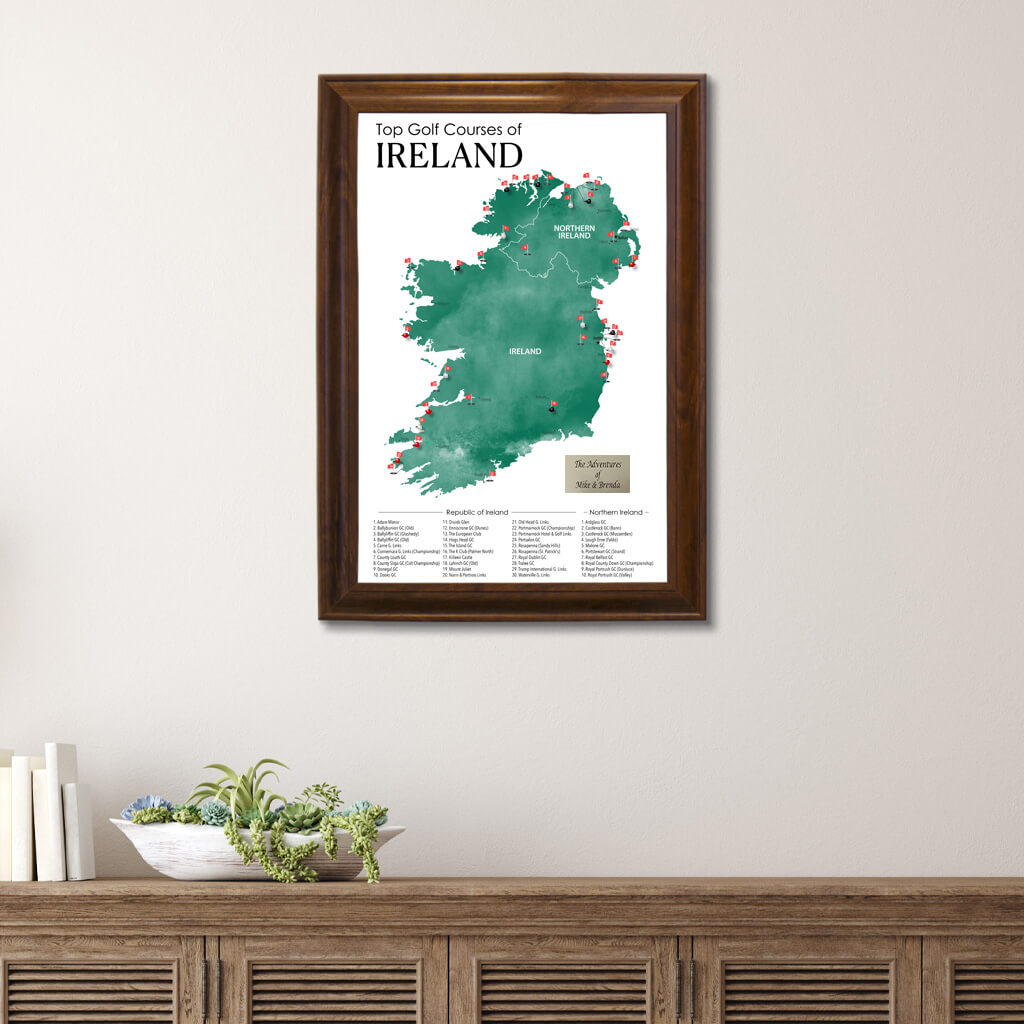 Top 40 Golf Courses in Ireland and Northern Ireland Travel Map in Brown Frame