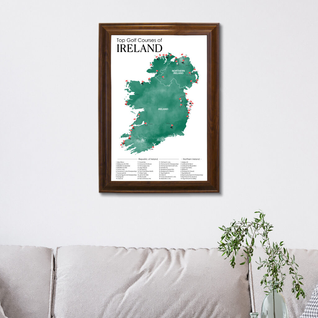 Top Golf Courses of Ireland and Northern Ireland Canvas Push Pin Map in Brown Frame
