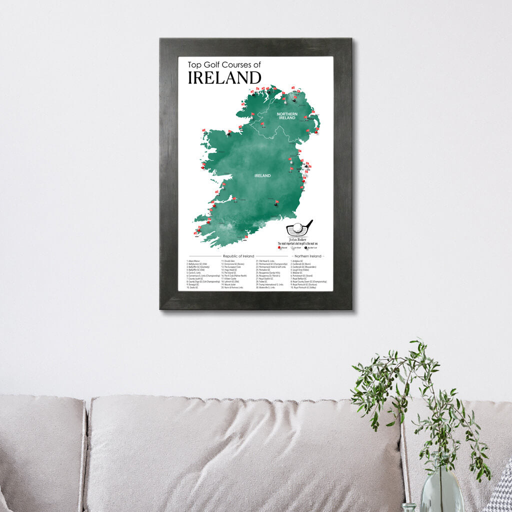 Top Golf Courses of Ireland and Northern Ireland Canvas Push Pin Map in Rustic Black Frame