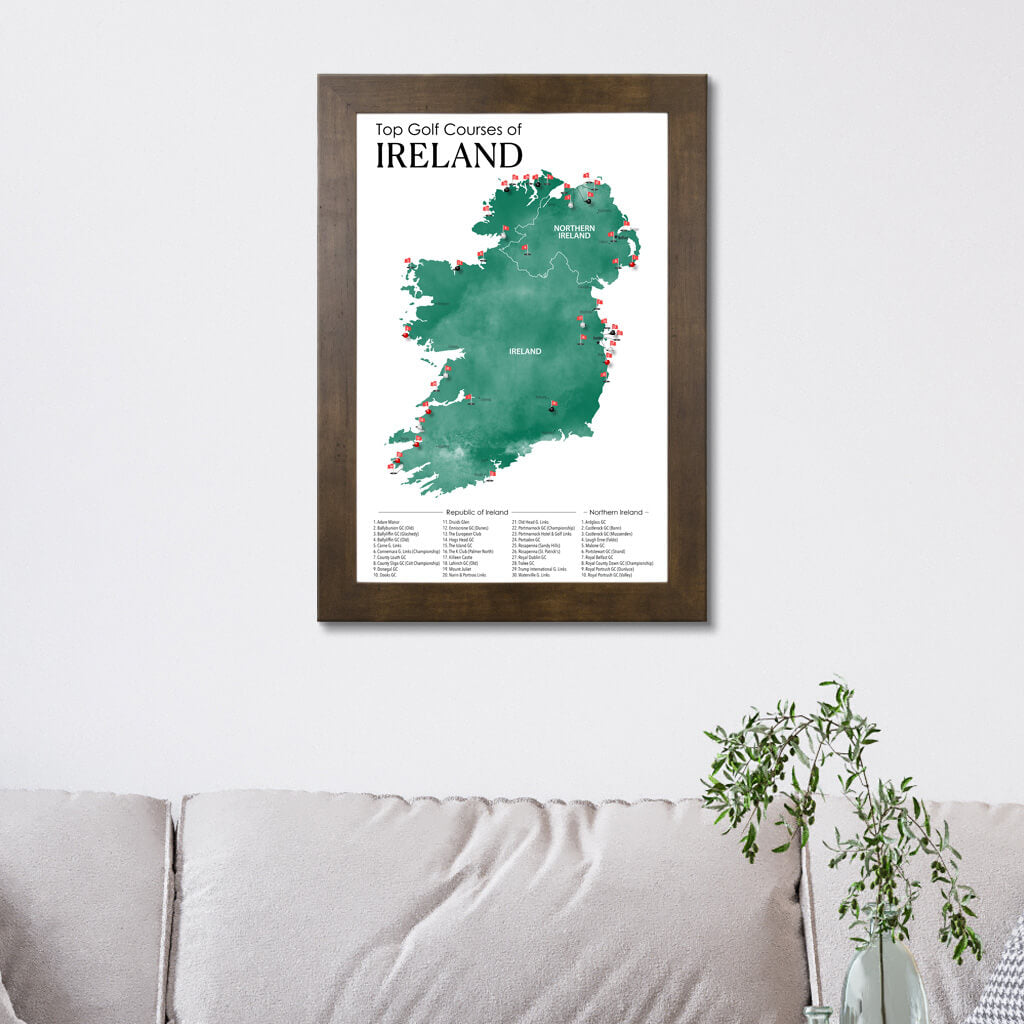 Top Golf Courses of Ireland and Northern Ireland Canvas Push Pin Map in Rustic Brown Frame