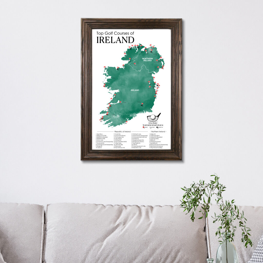 Top Golf Courses of Ireland and Northern Ireland Canvas Push Pin Map in Solid Wood Brown Frame