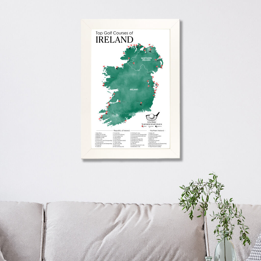 Top Golf Courses of Ireland and Northern Ireland Canvas Push Pin Map in Textured White Frame