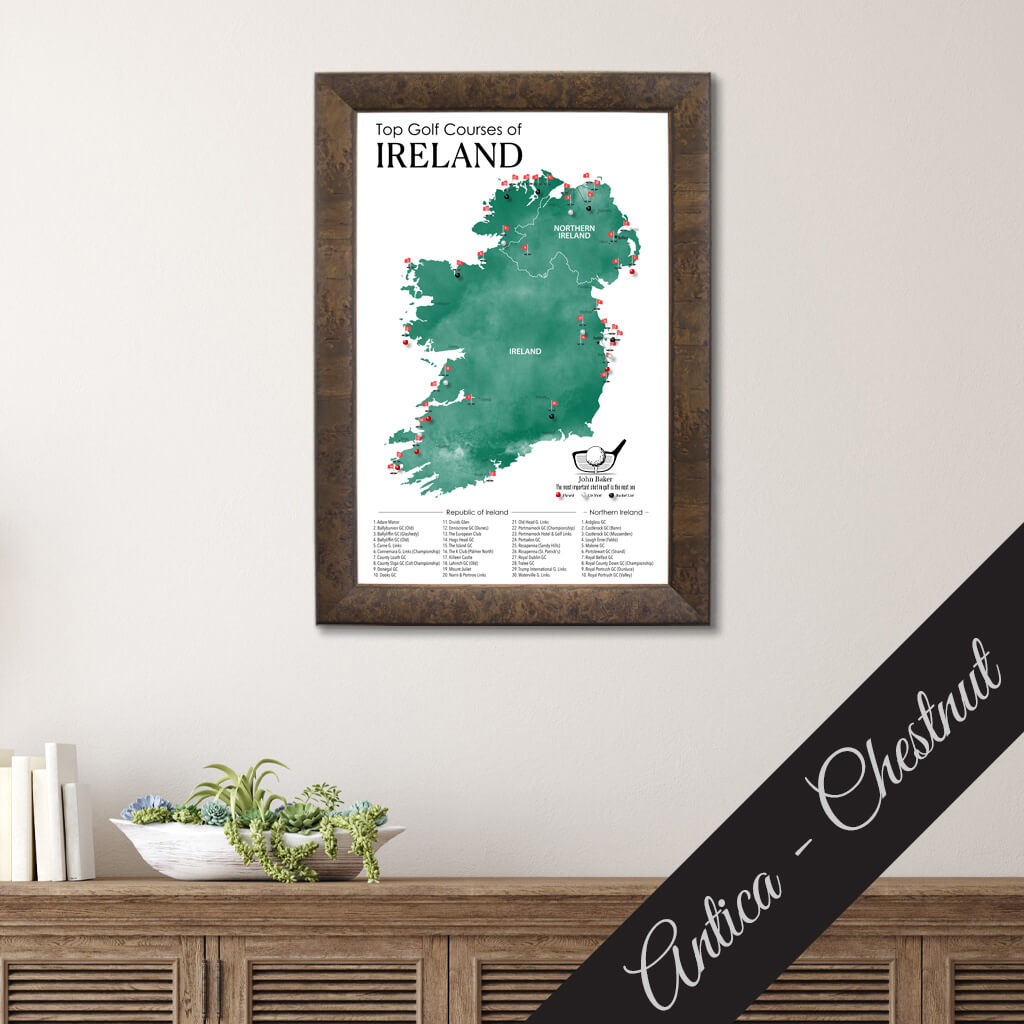 Top Golf Courses of Ireland and Northern Ireland Canvas Push Pin Map in Premium Antica Chestnut Frame