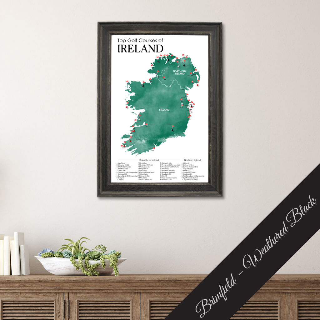 Top Golf Courses of Ireland and Northern Ireland Canvas Push Pin Map in Premium Brimfield Black Frame